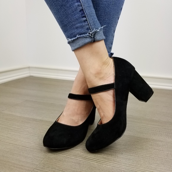 Cute black faux suede chunky heel pumps - Picture 4 of 8